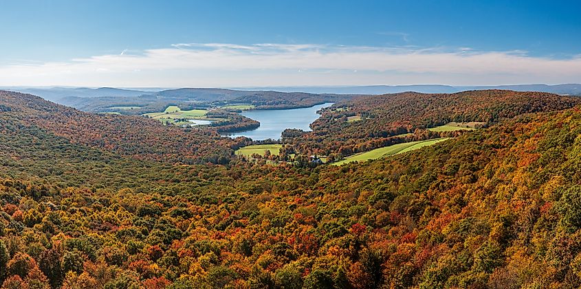 Panoramic aerial view of the autumn colors of Mt Davis towards High Point Lake in south western Pennsylvania. 