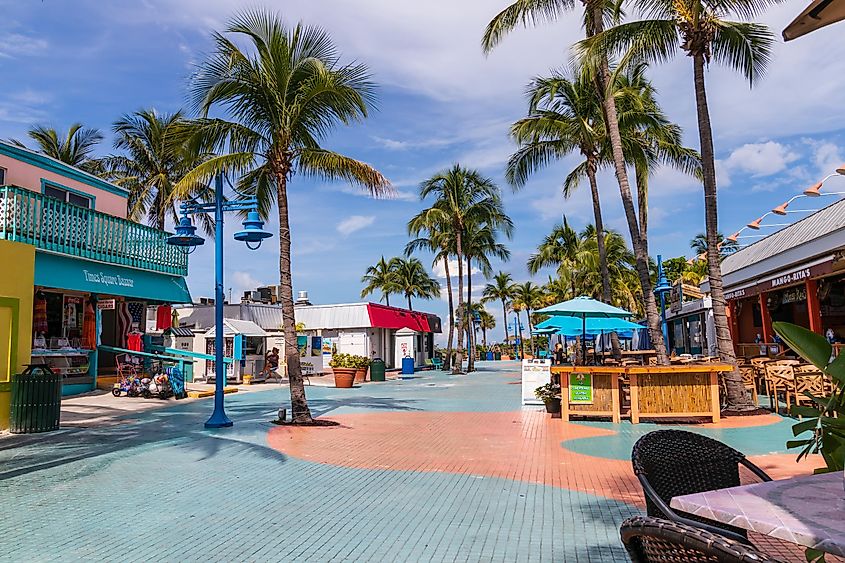 Times Square in Fort Myers Beach, considered the heart of Estero Island's downtown with shops, via Sadie Mantell / Shutterstock.com