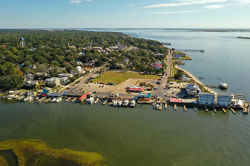 Aerial view of Southport North Carolina water front. Located on the Cape Fear river.