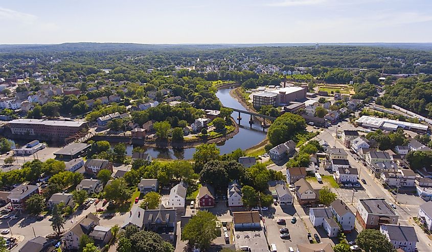 Blackstone River and Woonsocket Falls Dam top view in downtown Woonsocket, Rhode Island