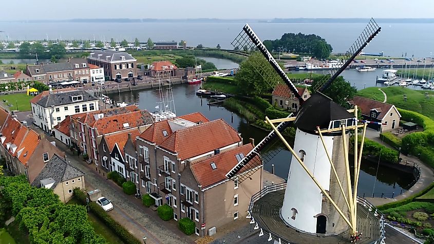 Aerial view of a traditional Dutch windmill in the historic town of Willemstad in North Brabant, Netherlands