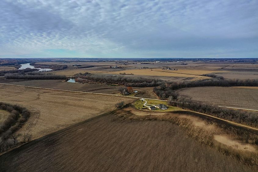 Aerial view of farmland and Kansas river