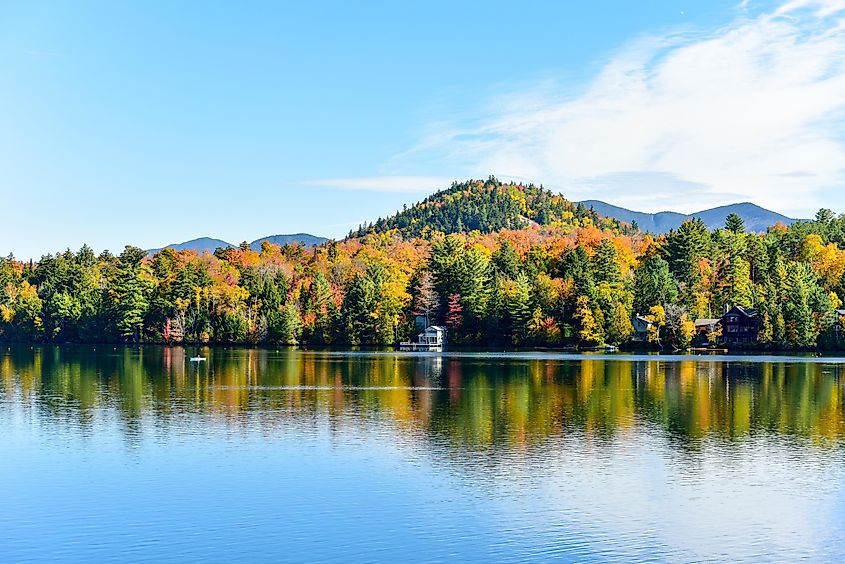 Peak fall foliage in Lake Placid, Adirondacks, New York.