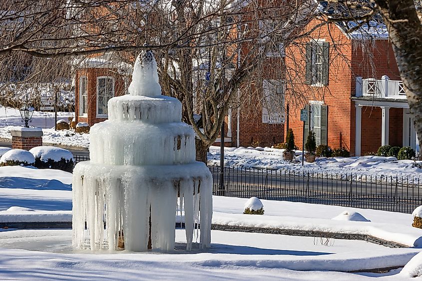 A frozen water fountain in Abingdon, Virginia