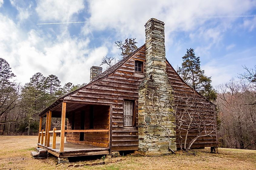A restored historic wood house in the Uwharrie Mountains forest.