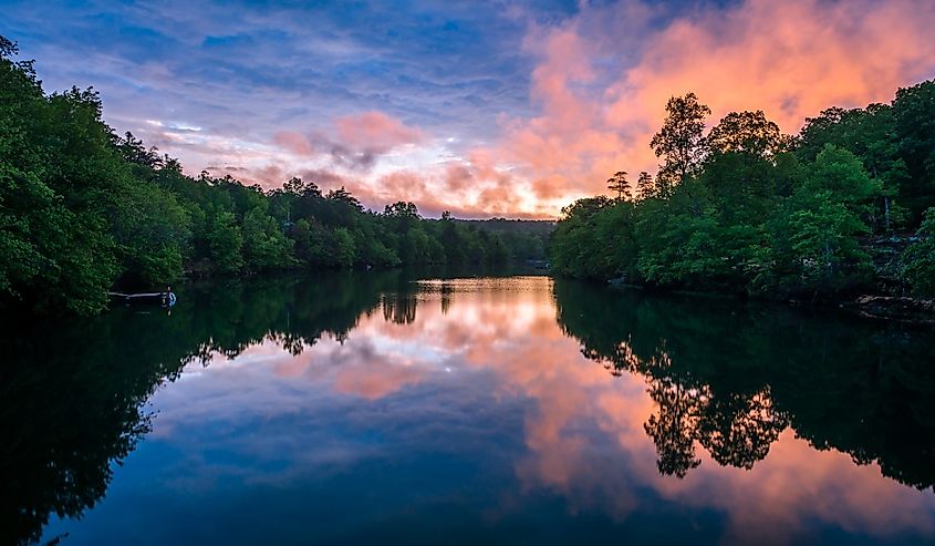 Looking out at sunset over Lake Lahusage on the East Fork of the Little River on Lookout Mountain.