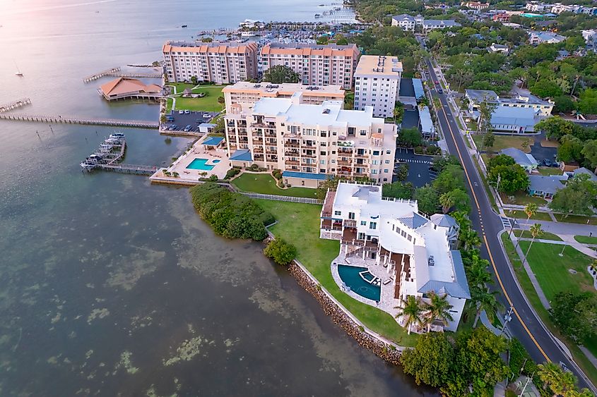 Aerial view of downtown Dunedin, Florida, USA, in the Tampa Bay Area, along the Gulf of Mexico shoreline. 