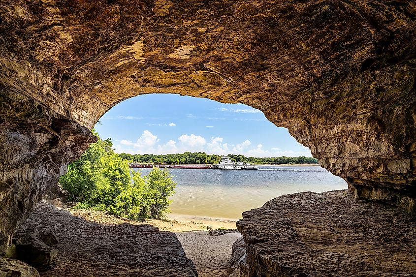 An Ohio River barge is viewed from Cave-In-Rock, Illinois.