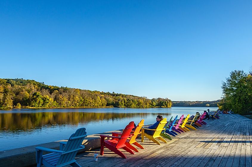 People enjoy the scenic view of the Kennebec River in Hallowell, Maine.
