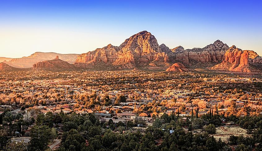 Birds eye view to the city of Sedona, Arizona and the Red Rocks at sunset