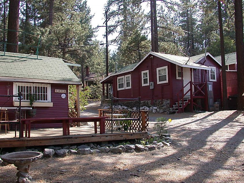 Wood cabin houses in Wrightwood, CA, USA.
