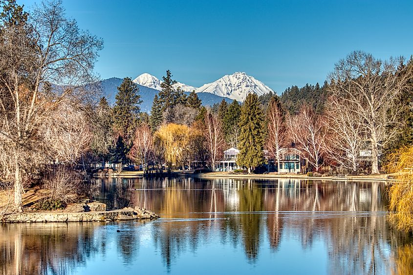 Mirror Pond in Bend, Oregon along the Deschutes River.