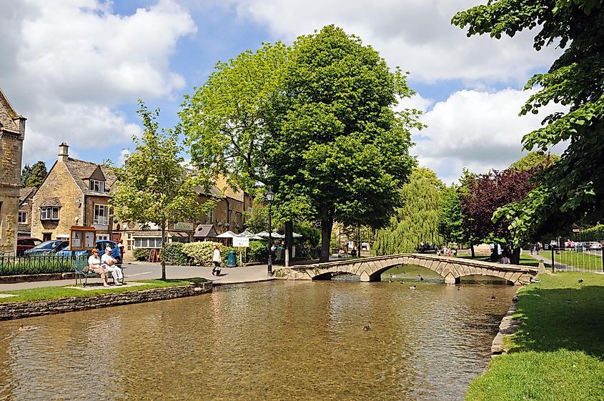 Stone bridge across the River Windrush in Bourton-on-the-Water, England.