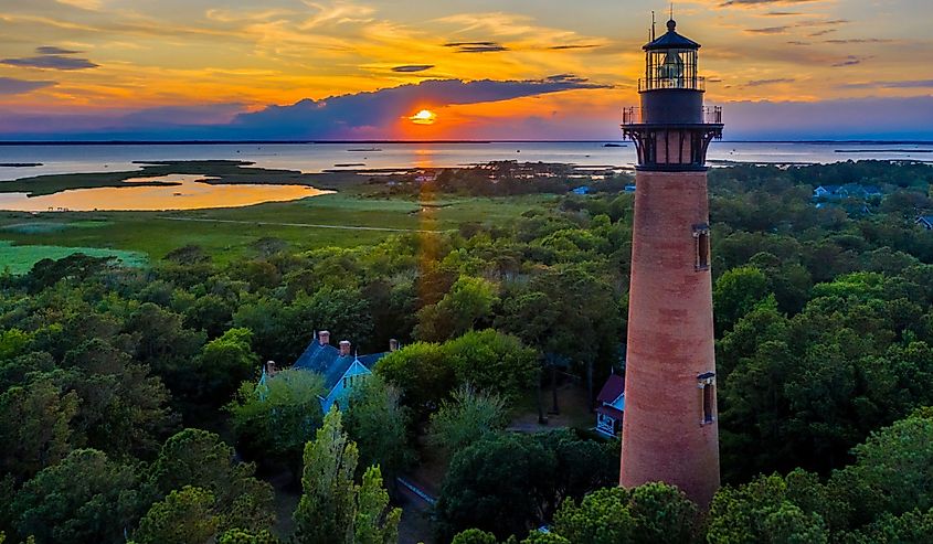 Aerial view of Currituck Beach Lighthouse at sunset near Corolla, North Carolina (Outer Banks)