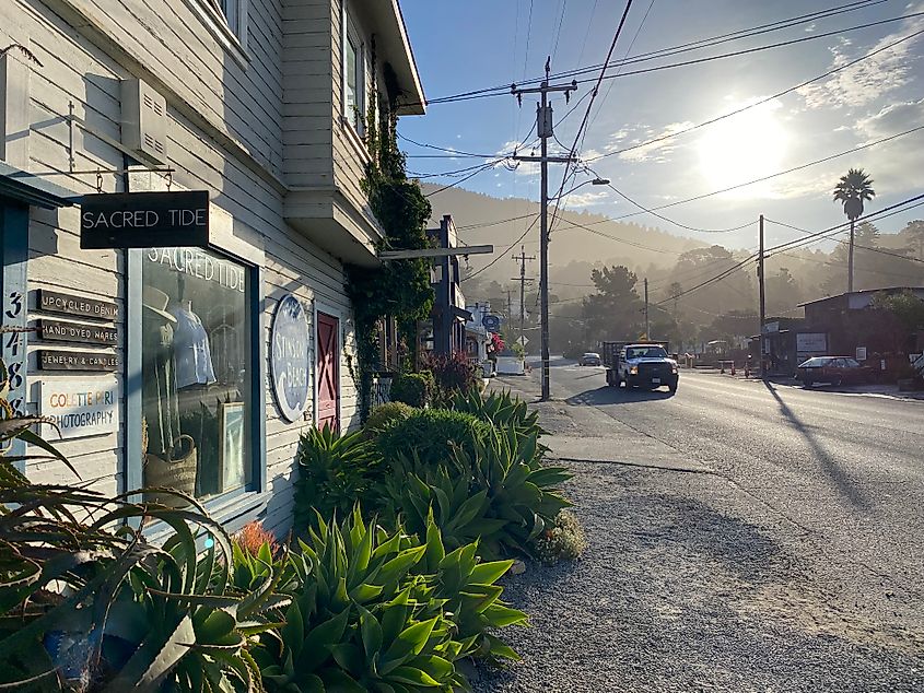 A sunny and misty morning along Stinson Beach's small, boutique commercial strip.