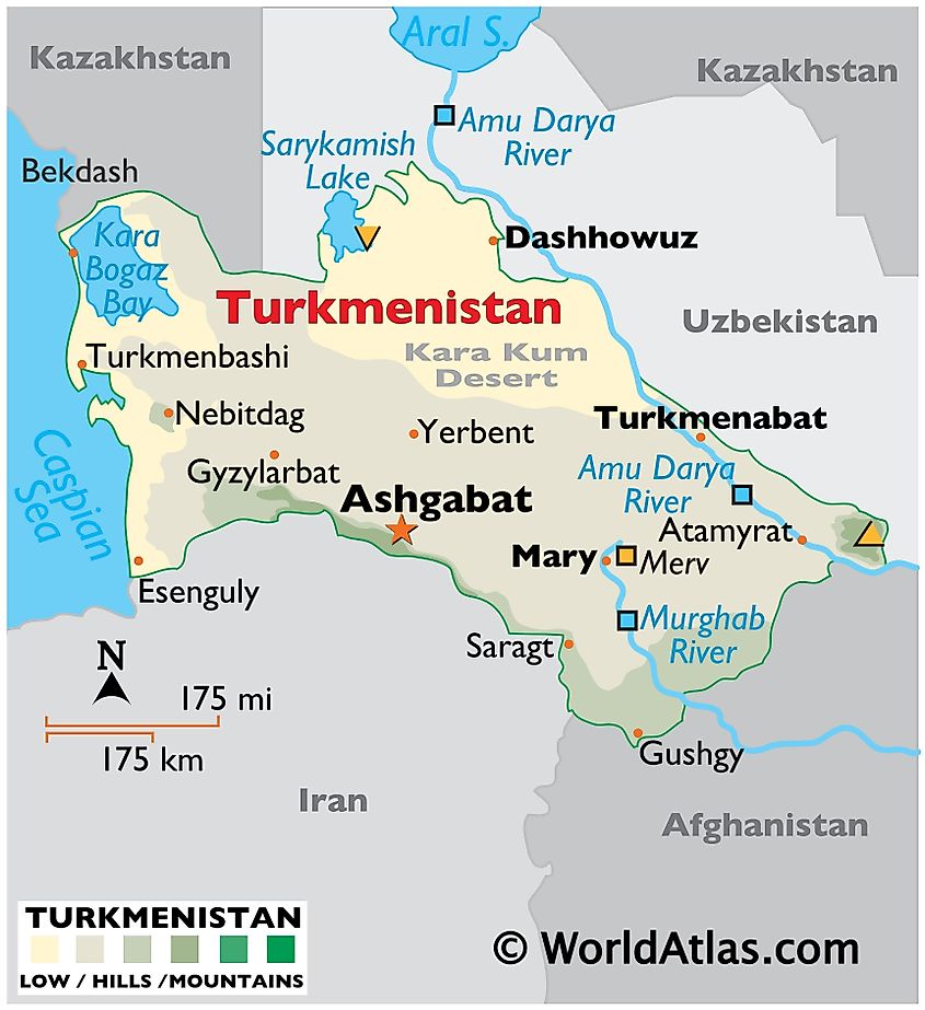 Physical map of Turkmenistan with state boundaries, relief, major rivers, lakes, highland areas, highest peak, and important cities.