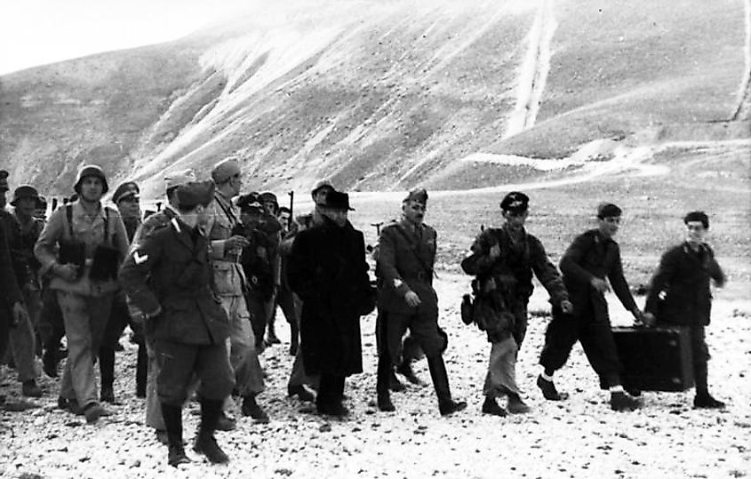 Mussolini rescued by German troops from his prison in Campo Imperatore on 12 September 1943.