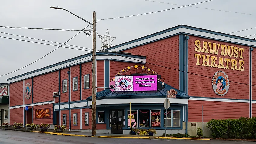Facade and illuminated sign of Sawdust Theatre in Coquille Oregon. Editorial credit: Ian Dewar Photography / Shutterstock.com