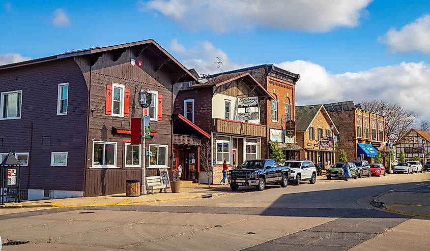 Charming downtown area of New Glarus, Wisconsin, with Swiss-style buildings