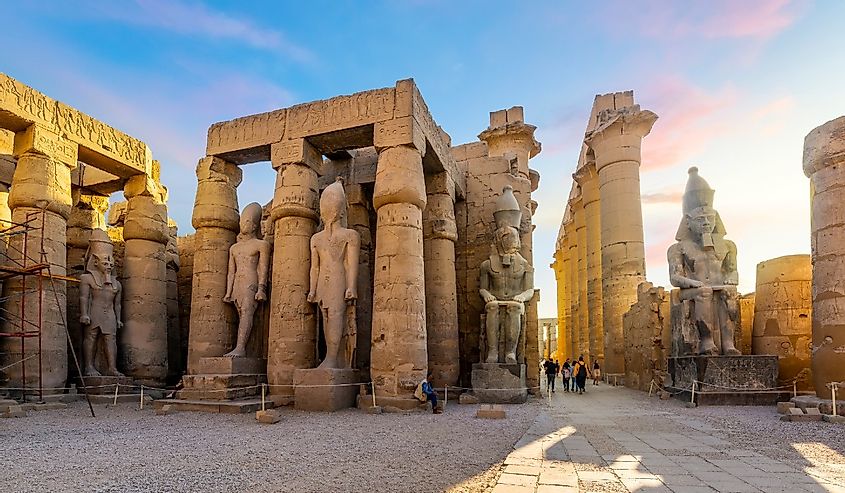 View of the Temple Colonnade of Amenhotep III from the Courtyard of Ramses II at Luxor Temple, in Luxor, Thebes, Egypt.