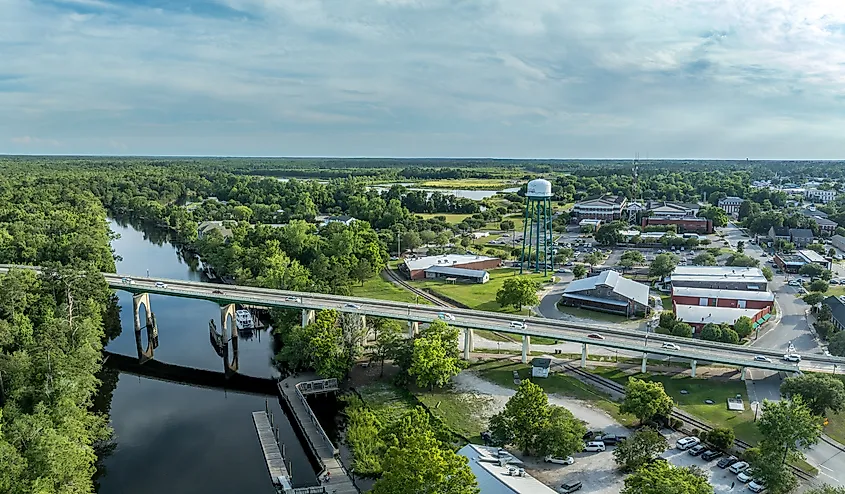 Aerial of Conway, small town on a bluff overlooking the Waccamaw River in South Carolina.