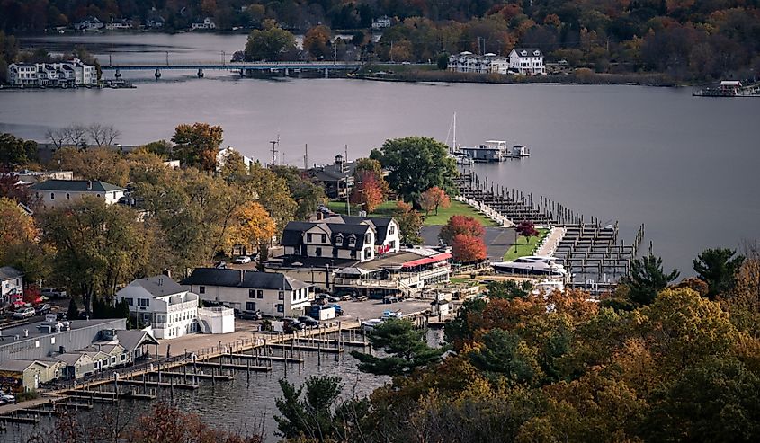 Aerial view of the harbor in Saugatuck, Michigan