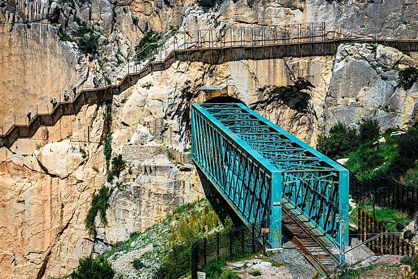 The end of El Caminito del Rey boardwalk coming out from the gorge.  