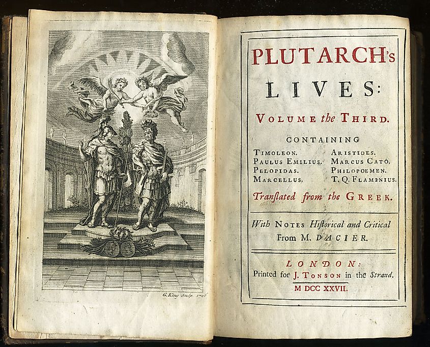 Plutarch's Lives (pictured: the 1727 edition of the English translation by André Dacier) is the main source for the most substantial surviving account of the Sacred Band. It is believed to be mostly based on the works of the Sacred Band's contemporaries Callisthenes and Ephorus. Unfortunately the works of the latter two have been lost to history.