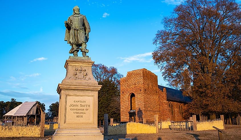 A statue for Captain John Smith, Governor of Virginia, at the Jamestown historical settlement.