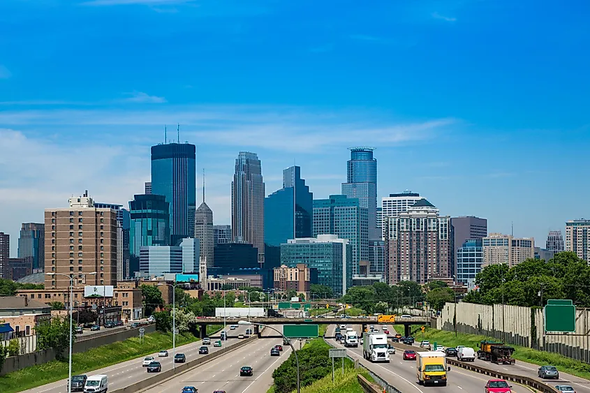 The skyline of Minneapolis, Minnesota along the Mississippi River.