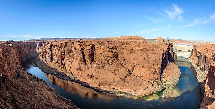 View of Glen Canyon Dam and Colorado River, Glen Canyon Dam Overlook, Lake Powell, near Page, Arizona, USA