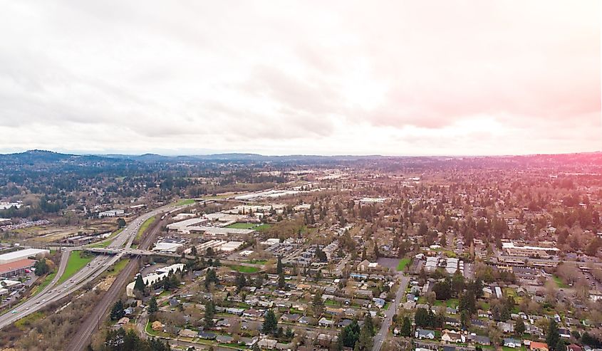 A photo of Beaverton, Oregon, at sunset, a suburb.