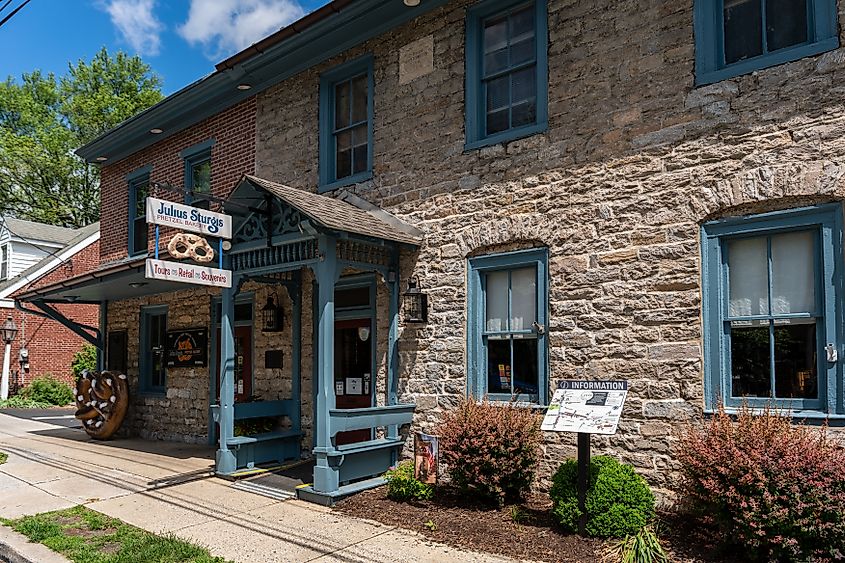 The Julius Sturgis Pretzel Bakery in Lancaster County is the first commercial pretzel bakery in the U.S. Editorial credit: George Sheldon / Shutterstock.com