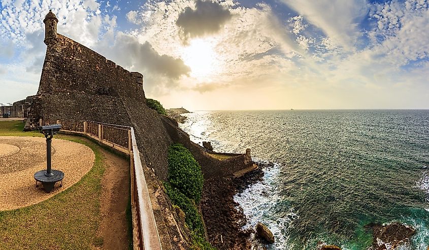 Beautiful panoramic view of the large outer wall with sentry box of fort San Cristobal in San Juan