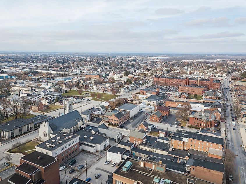Aerial of Downtown Hanover, Pennsylvania next to the Square.