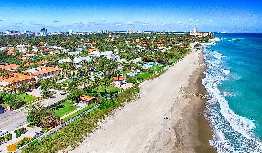 Stunning blue water color of Palm Beach, aerial view of Florida