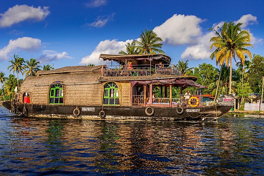 A houseboat sailing in the Alappuzha Backwaters in Alappuzha, Kerala.