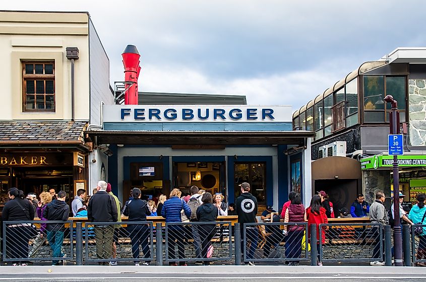 People queueing in front of Fergburger in Queenstown, New Zealand.