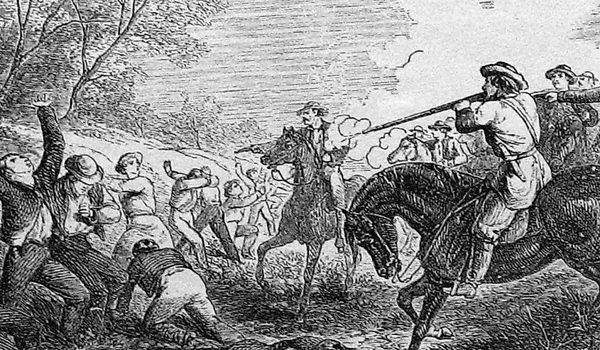 Black and white depiction of Marais des Cygnes massacre of anti-slavery Kansans, May 19, 1858