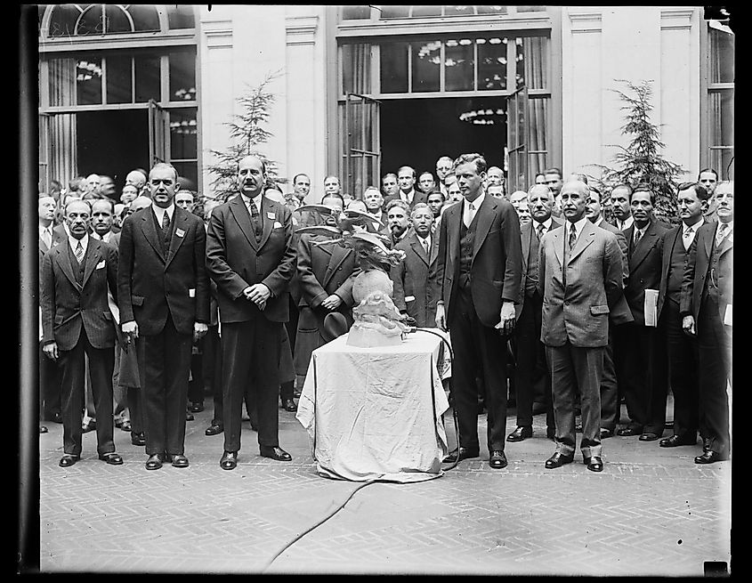 Lindbergh receiving the Harmon Trophy on December 13, 1928, at the International Civil Aeronautics Conference in Washington, D.C. 