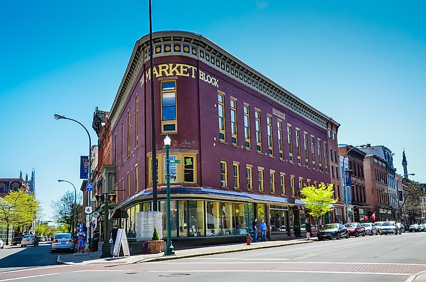 Shops and brown stone buildings in the city of Troy in Upstate New York.
