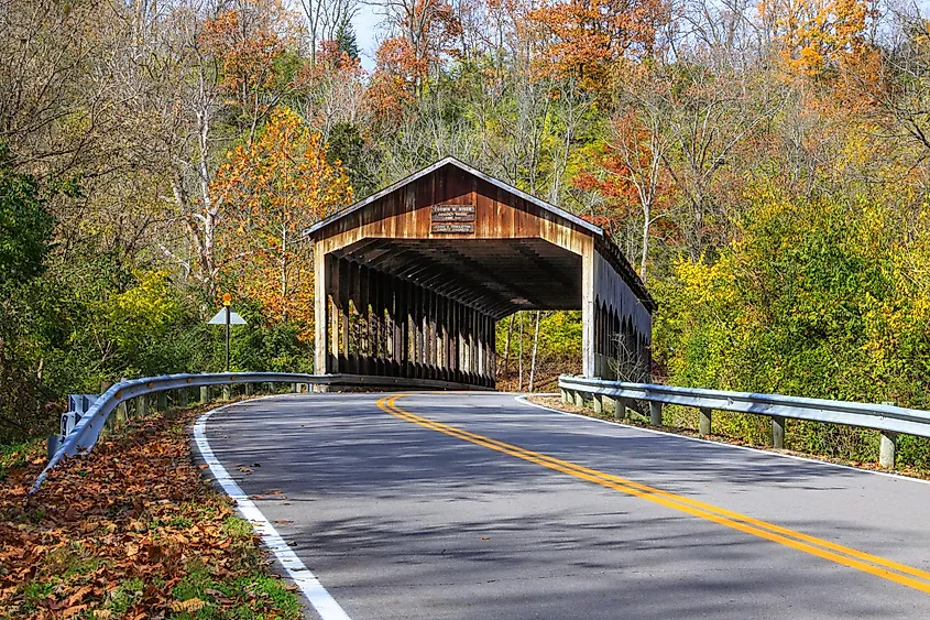 The picturesque Corwin M. Nixon covered bridge over the Little Miami River at Waynesville, Ohio.