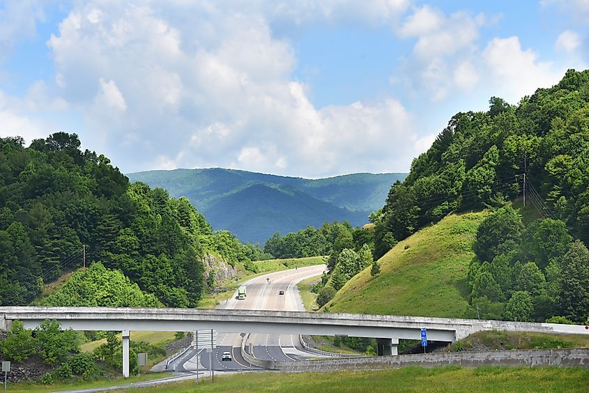 The Blue Ridge Mountains rise behind I-26 in North Carolina.