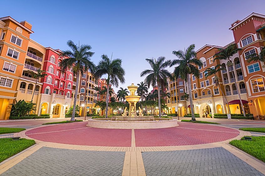 Naples, Florida, town skyline and city plaza at twilight