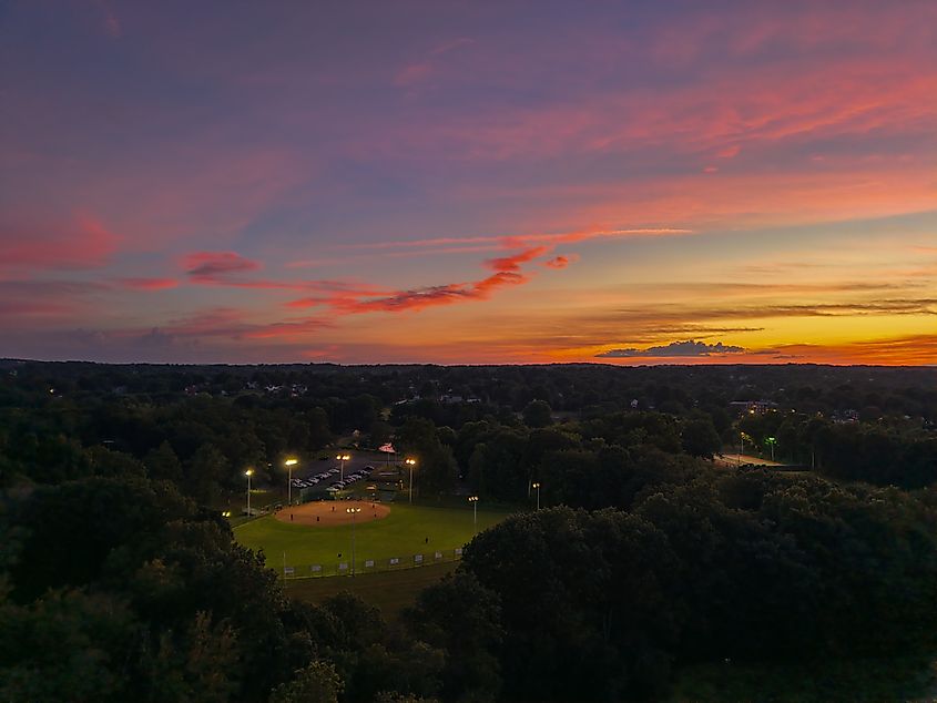 Aerial view of Mill Woods Park in Wethersfield Connecticut at sunset