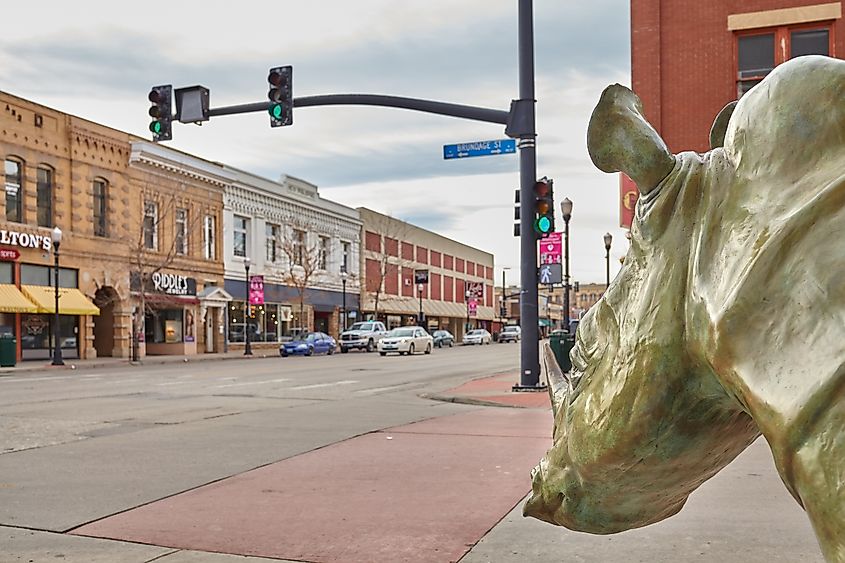 Bronze rhino on a pavement in Sheridan, Wyoming.