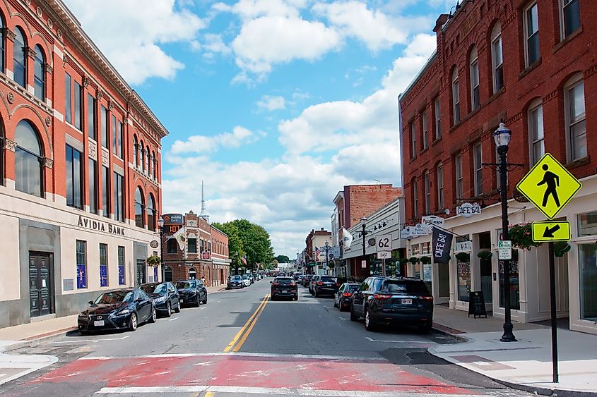 Cafes and stores along the street in Hudson, Massachusetts.
