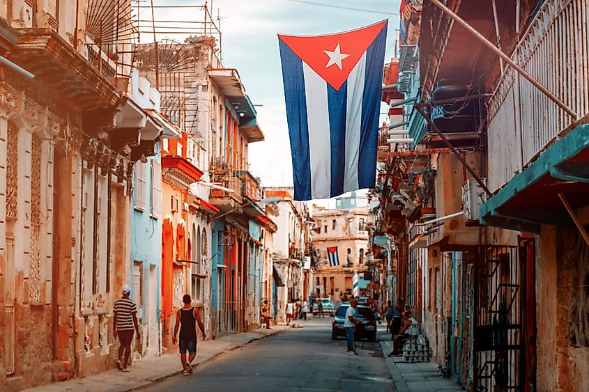 The national flag of Cuba in the streets of Havana.