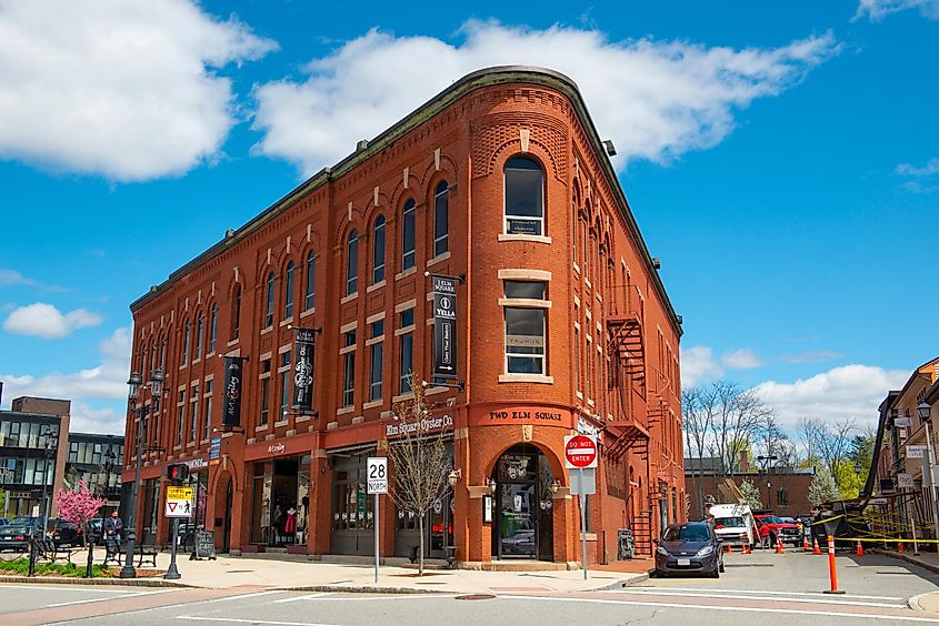 Historic commercial buildings on Main Street near Old Town Hall in the historic town center of Andover, Massachusetts, USA.