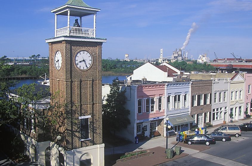 Waterfront stores and clock tower at Georgetown, South Carolina.